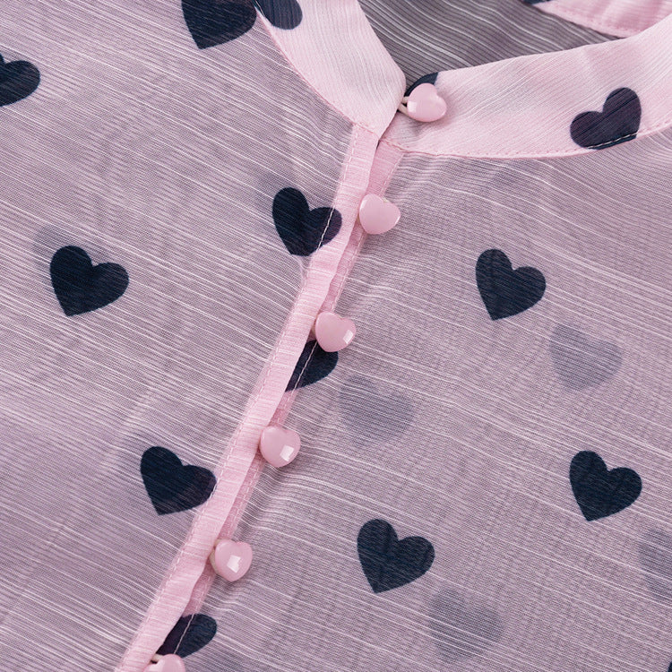 Women’s Three Piece Skirt Set – Elegant Heart Print Top and Maxi Skirt