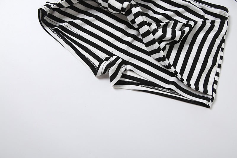 Summer Women Sexy Cropped T shirt Ribbon Shorts Striped Two Piece Sets