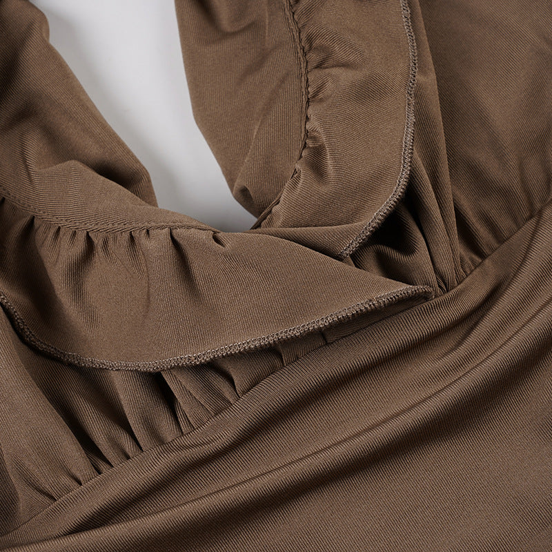 Brown Halter Ruffle Dress - Backless Asymmetric Pleated Mini Dress