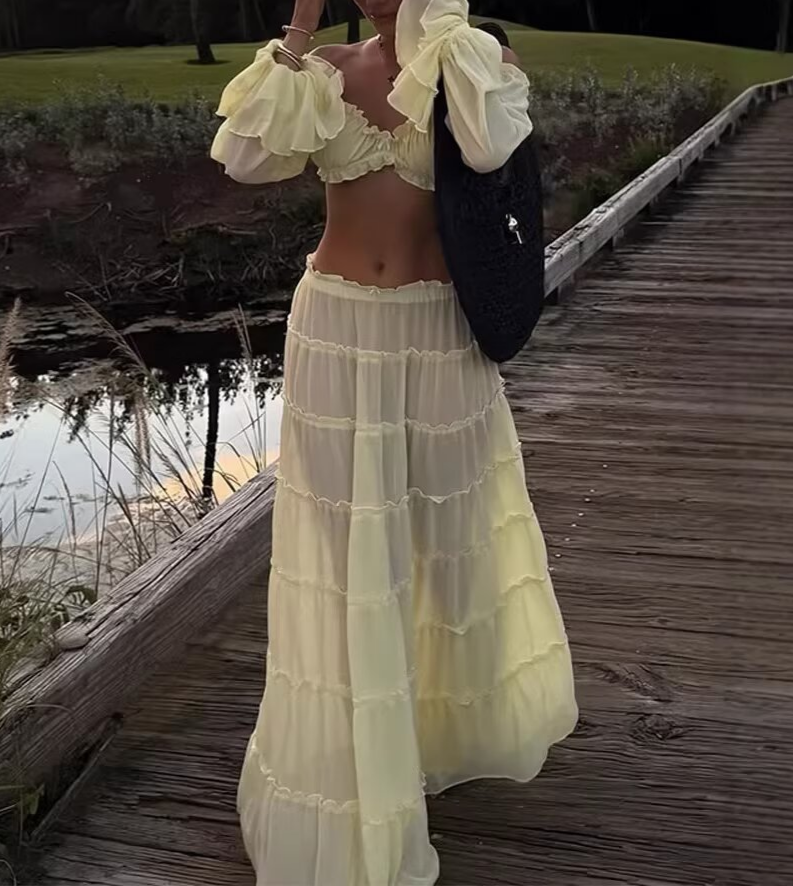Off Shoulder Ruffle Lace Crop Top & Maxi Skirt Set | Long Sleeve Boho Vacation Two-Piece Set | Apricot | Sizes S-L