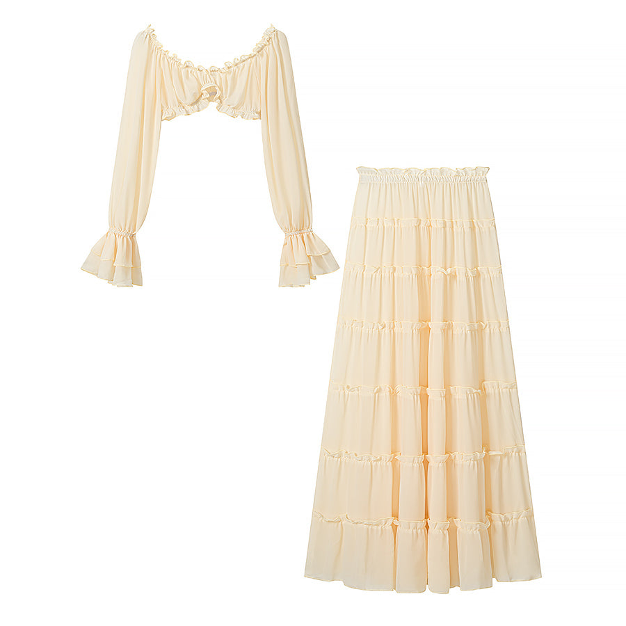 Off Shoulder Ruffle Lace Crop Top & Maxi Skirt Set | Long Sleeve Boho Vacation Two-Piece Set | Apricot | Sizes S-L