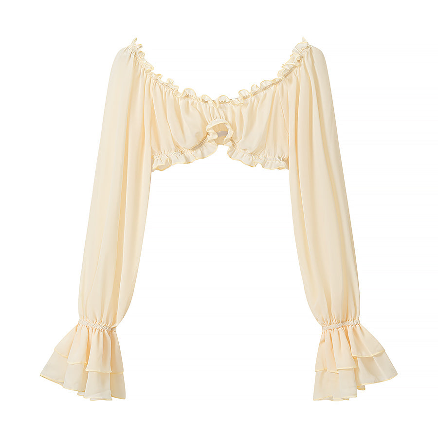 Off Shoulder Ruffle Lace Crop Top & Maxi Skirt Set | Long Sleeve Boho Vacation Two-Piece Set | Apricot | Sizes S-L