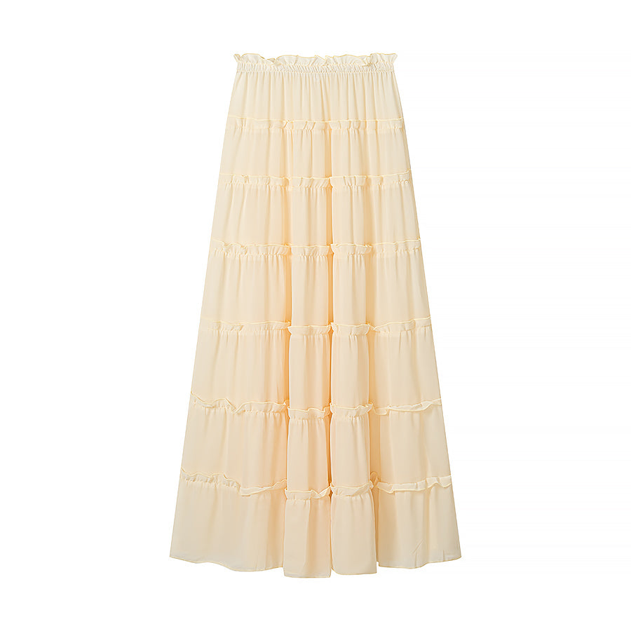 Off Shoulder Ruffle Lace Crop Top & Maxi Skirt Set | Long Sleeve Boho Vacation Two-Piece Set | Apricot | Sizes S-L