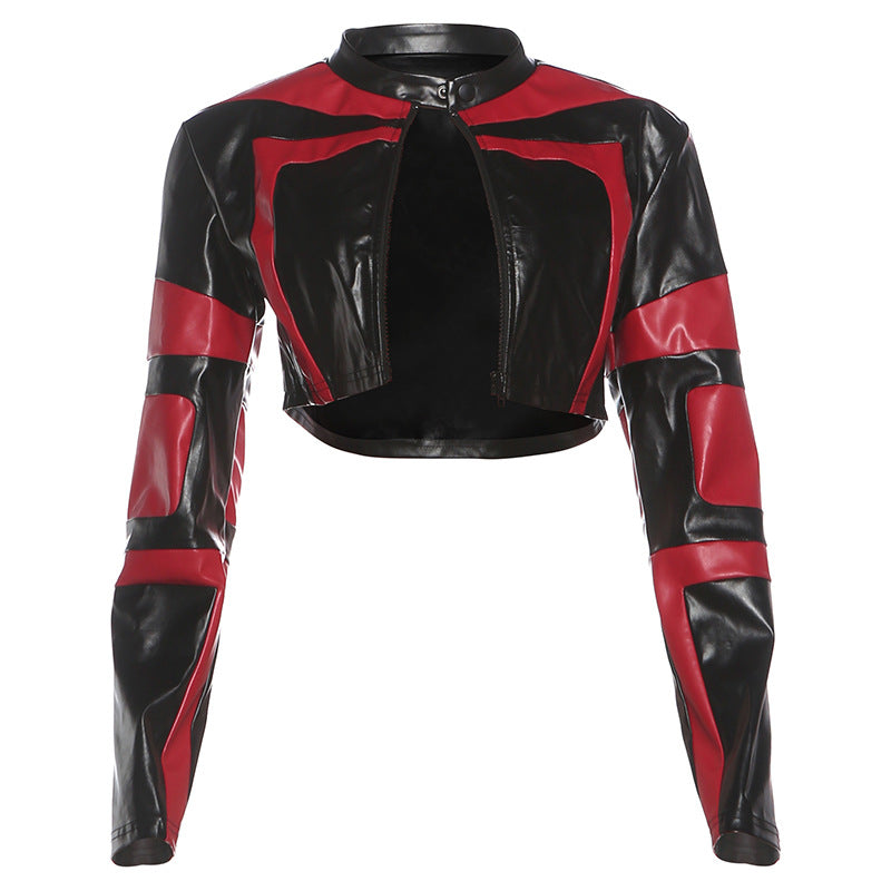 Women’s Cropped Leather Jacket – Slim Fit Zipper Motorcycle Coat, Color Block