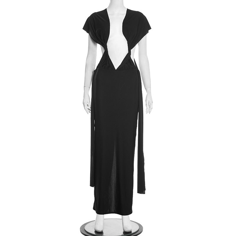 Women’s V-Neck Cutout Bodycon Midi Dress – Slim Fit Pleated Hollow-Out Party Dress