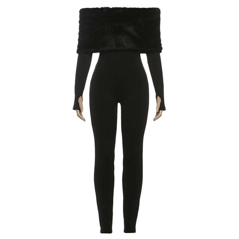 Women’s Off-the-Shoulder Slim Fit Jumpsuit – Long Sleeve Furry Patchwork Full-Length Party Outfit