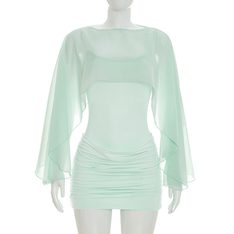 Solid Ruched Long Sleeve Bodycon Mini Dress - Crew Neck Elegant Everyday Dress