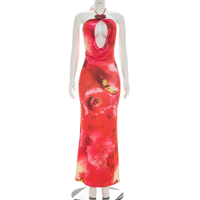 Red Floral Halter Maxi Dress - Backless Cutout Tie-Up Vacation Dress