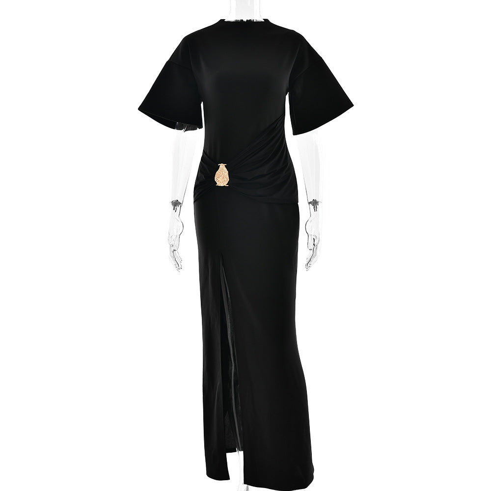 Pleated High Split Maxi Dress: Round Neck Bodycon Slim Fit for Women