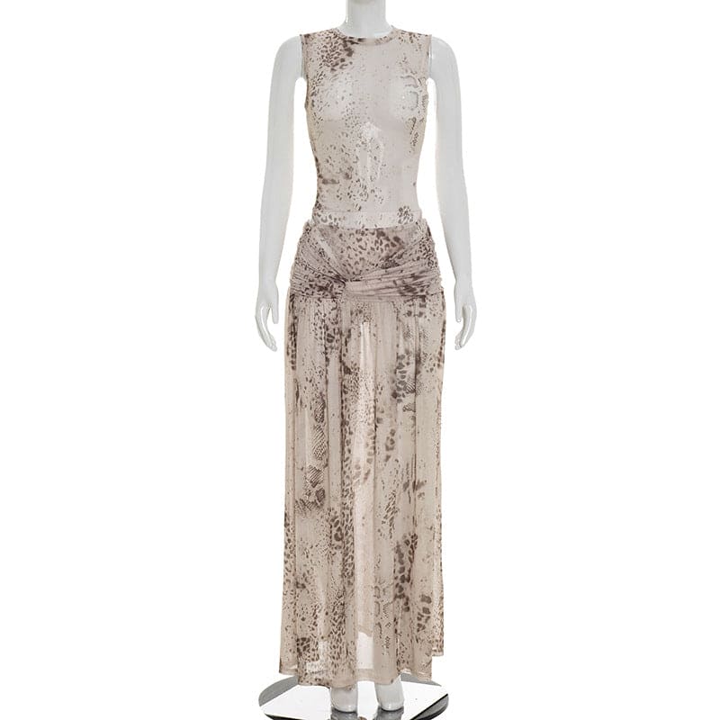 Light Gray Snake Print Jumpsuit & Maxi Slit Skirt Set - Mesh Ruched Twisted 2-Piece Set