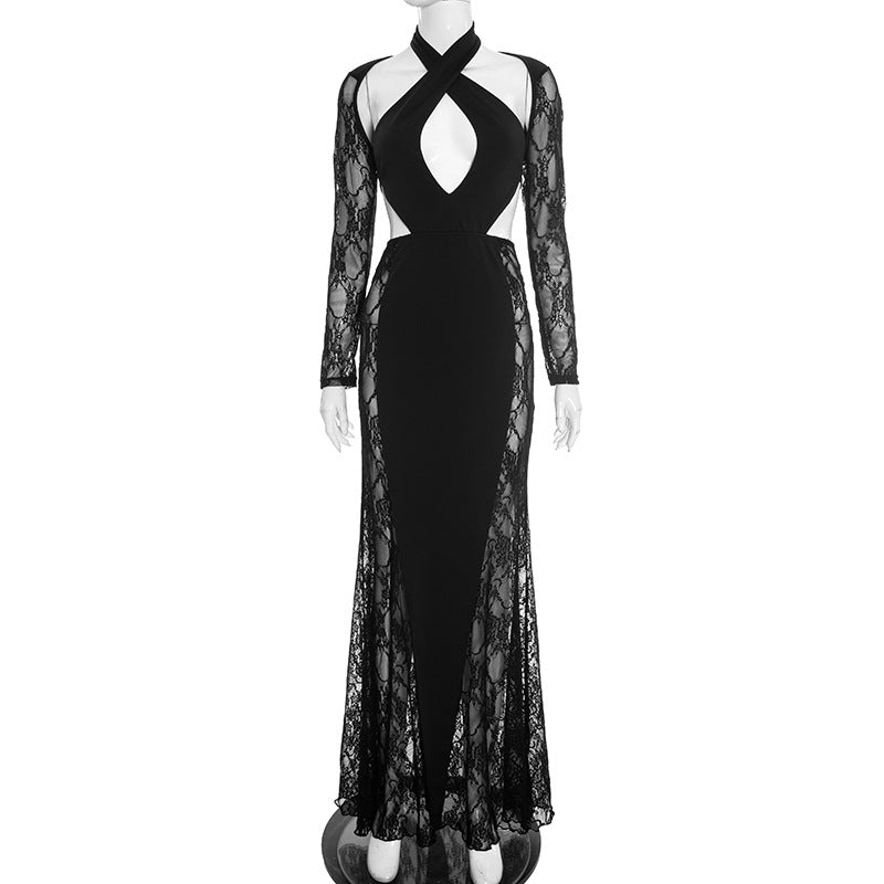 Black Hollow Out Cutout Maxi Dress – Sexy Halter Lace Long Sleeve Bodycon Dress