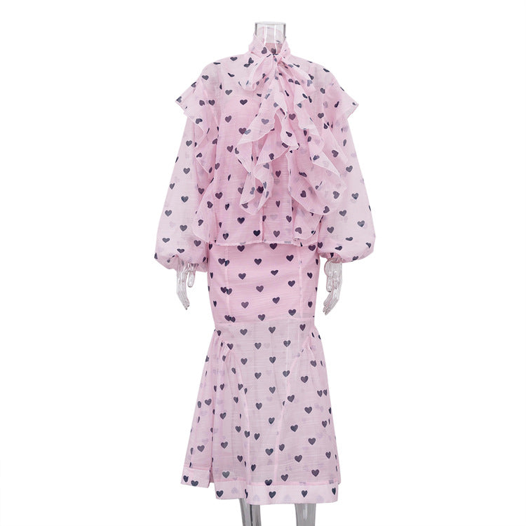 Women’s Three Piece Skirt Set – Elegant Heart Print Top and Maxi Skirt