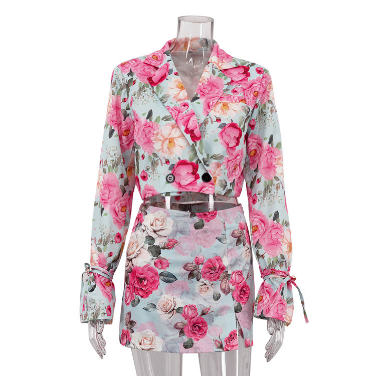 Women’s Two Piece Skirt Set – Floral Collared Top and Short Skirt