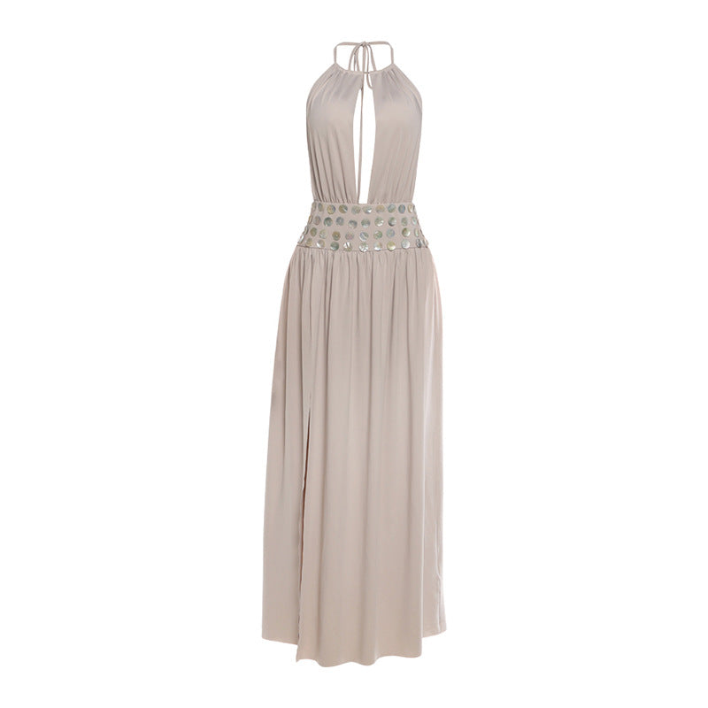 Deep V Halter Maxi Dress - Sequin Backless Cutout Ruched Split Vacation Dress