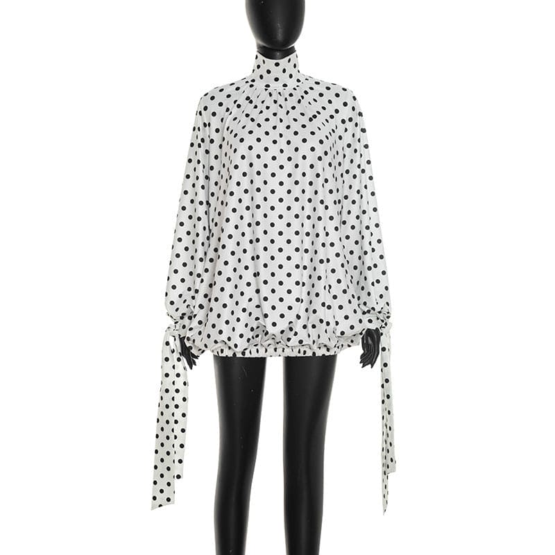 Women's Polka Dot Long Sleeve Mini Dress – High Neck Drawstring Bodycon Dress