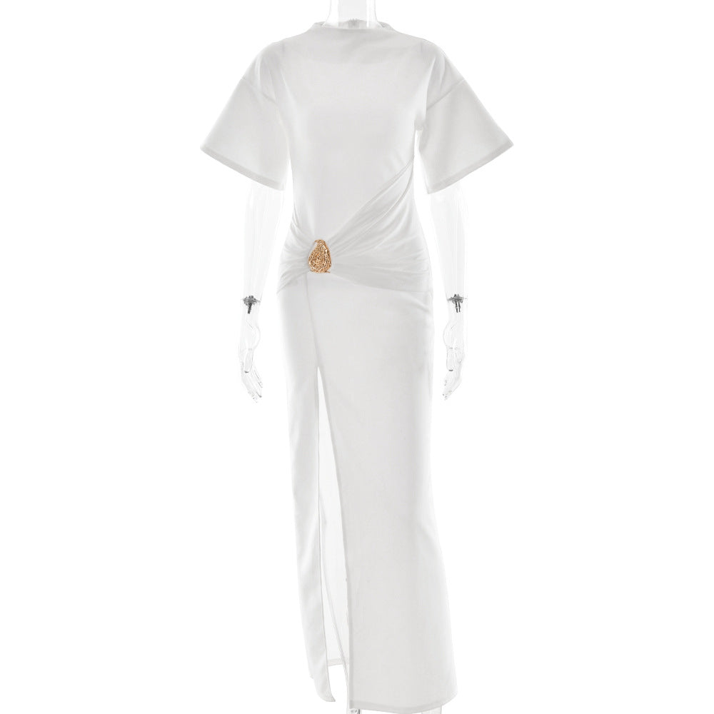 Pleated High Split Maxi Dress: Round Neck Bodycon Slim Fit for Women