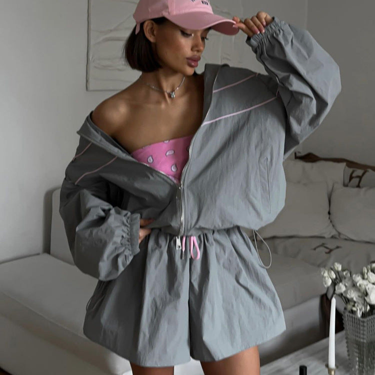 Gray Zip-Up Jacket & Shorts Set - Loose Fit Collared Athleisure 2-Piece Set