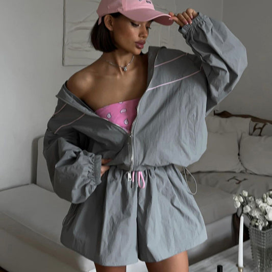 Gray Zip-Up Jacket & Shorts Set - Loose Fit Collared Athleisure 2-Piece Set