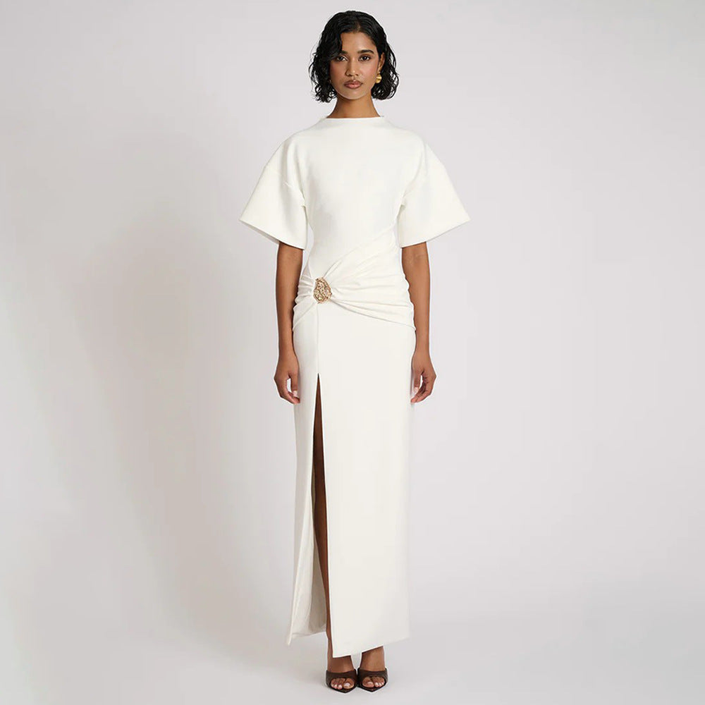 Pleated High Split Maxi Dress: Round Neck Bodycon Slim Fit for Women