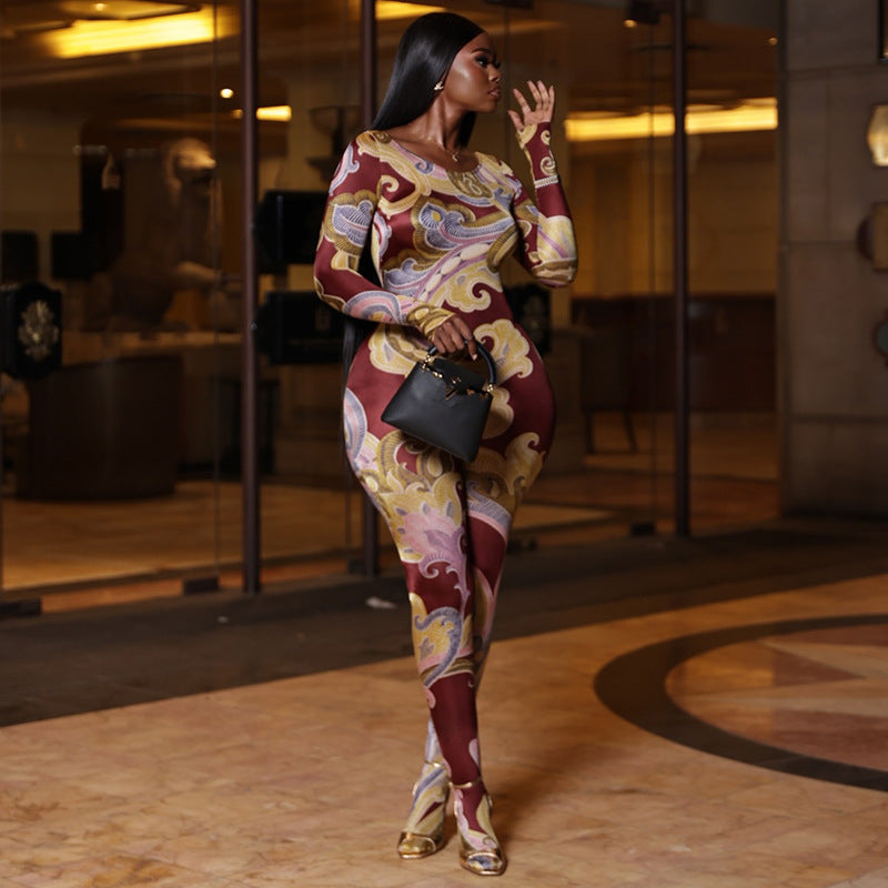 Women’s Printed Jumpsuit – Slim Fit Long Sleeve Crew Neck, Full Length