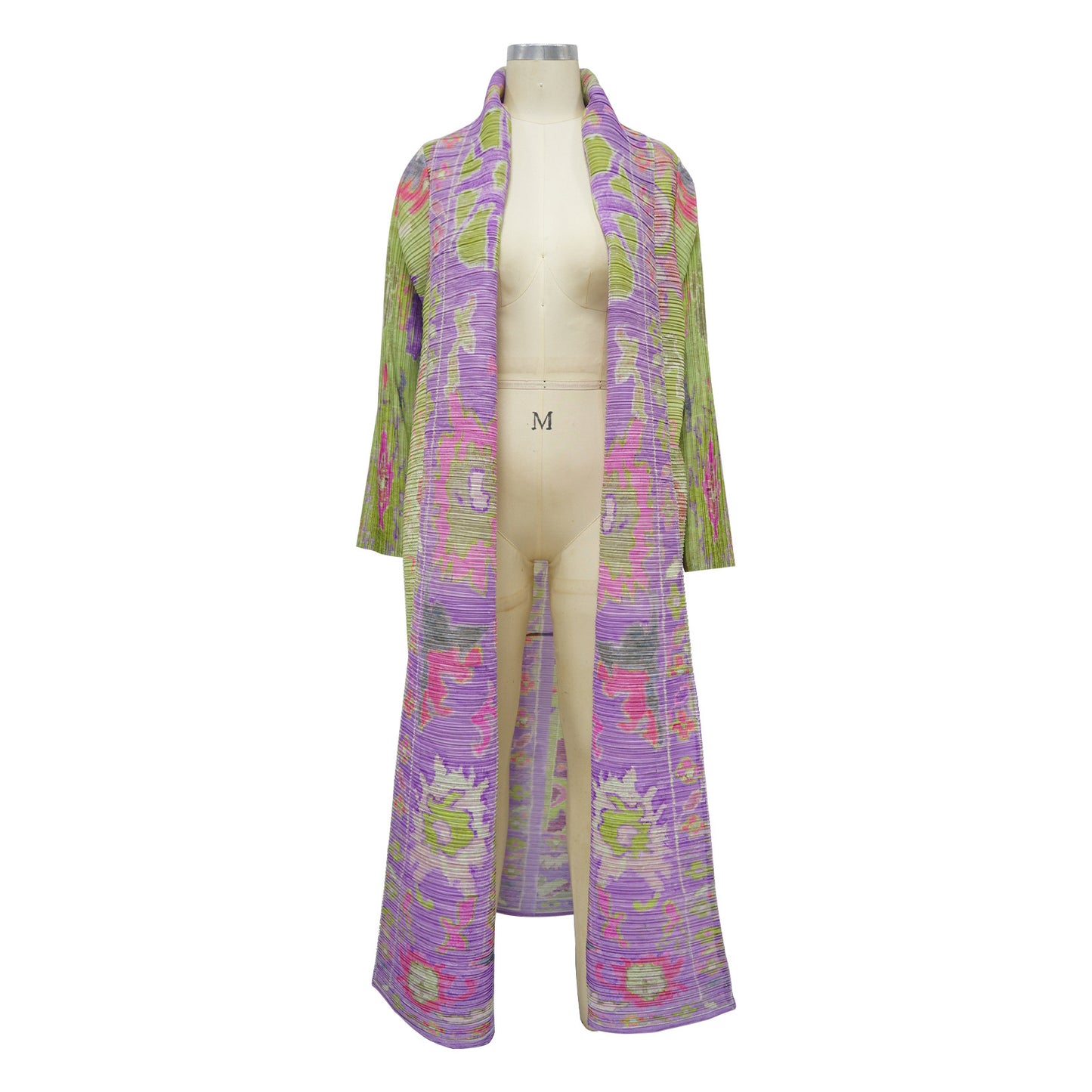 Elegant Printed Pleated Maxi Coat: Women's Long Statement Outerwear