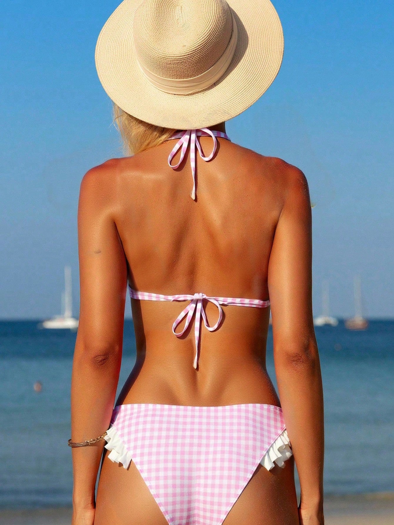 Lace Plaid Halter Bikini Set - Flounced Two Piece Swimsuit