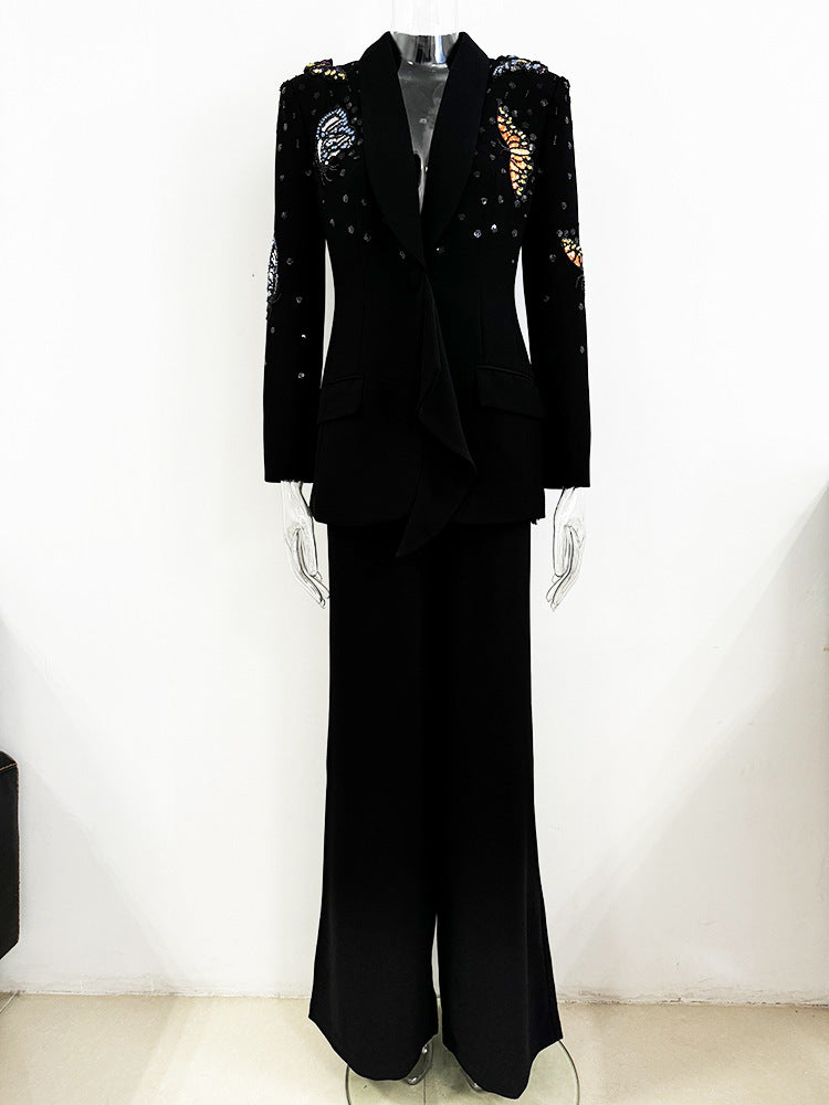 Sequin & Rhinestone Butterfly Work Pant Set