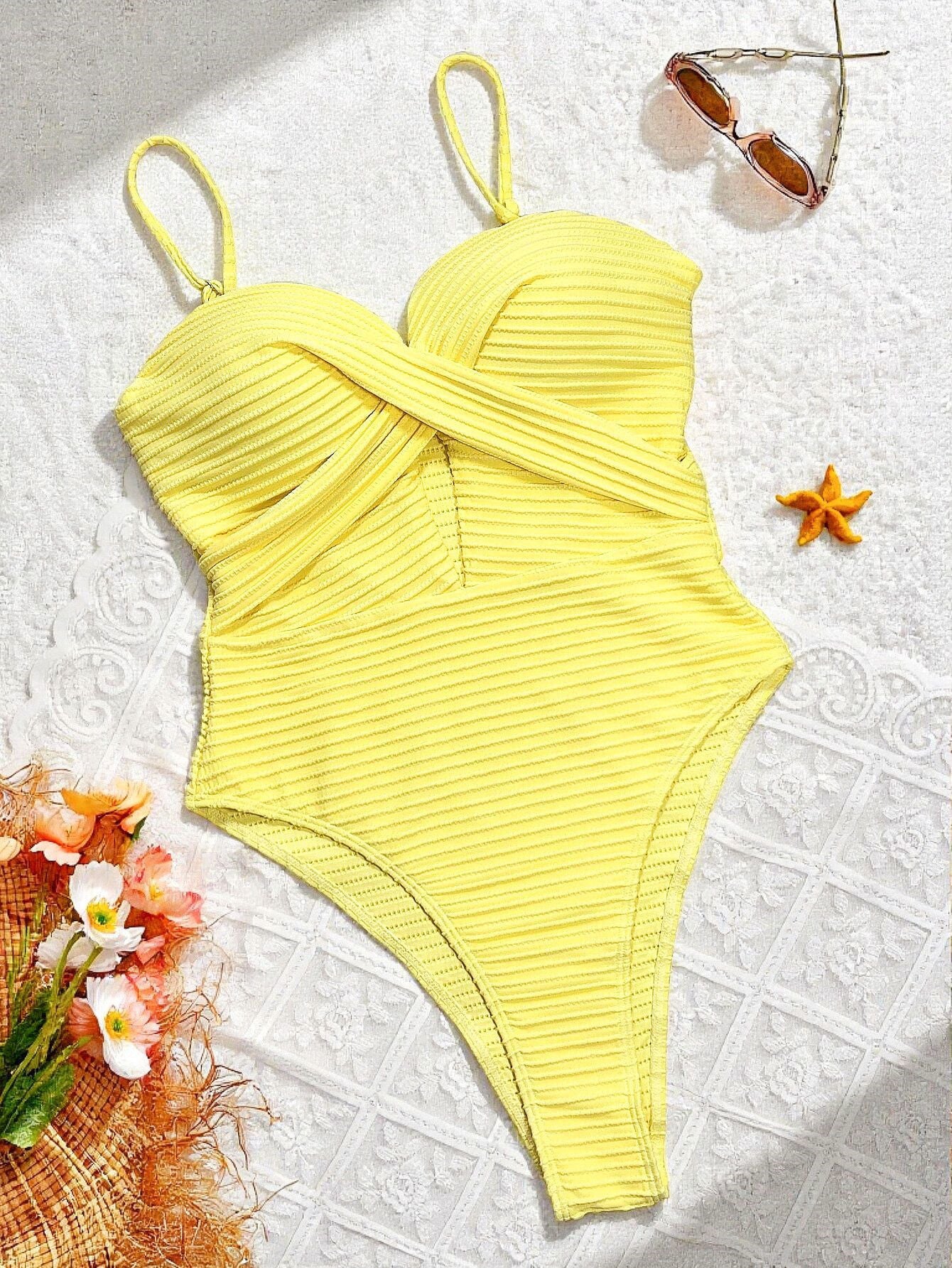 Yellow Cutout Strap One-Piece Swimsuit - Hollow-Out Boho Vacation Swimwear