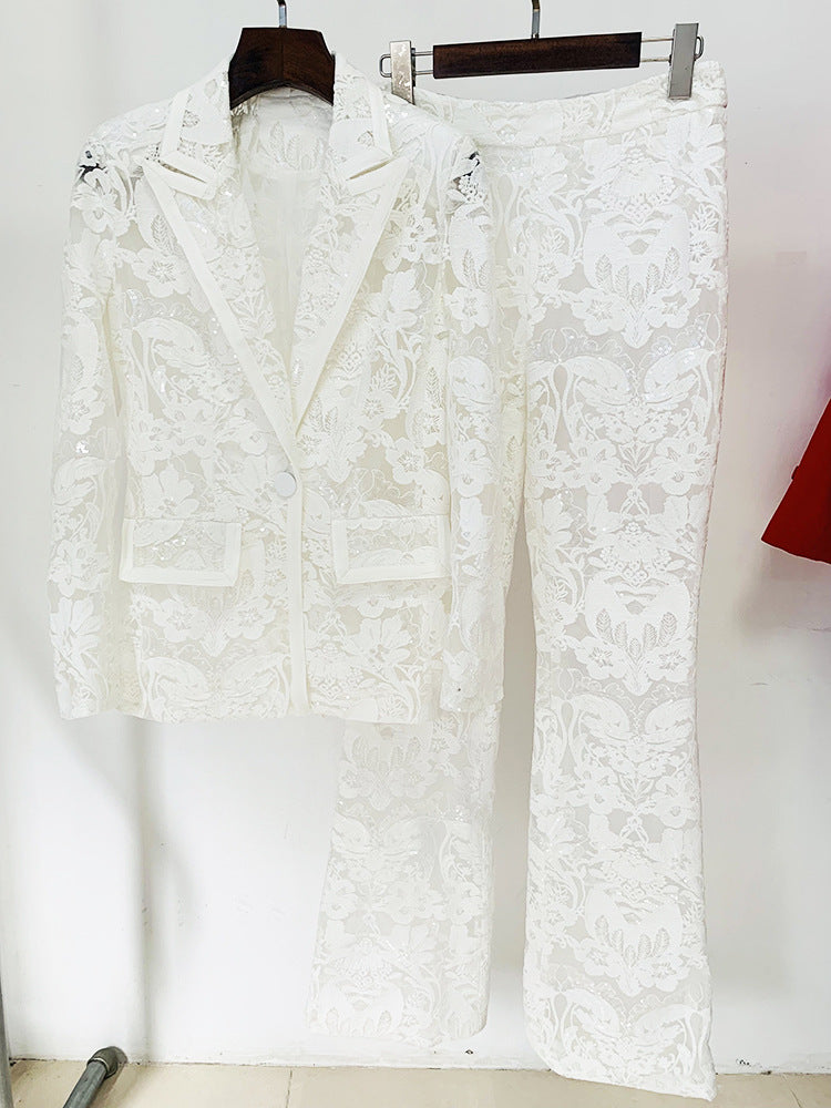 Embroidered Mesh Blazer & Trousers Set