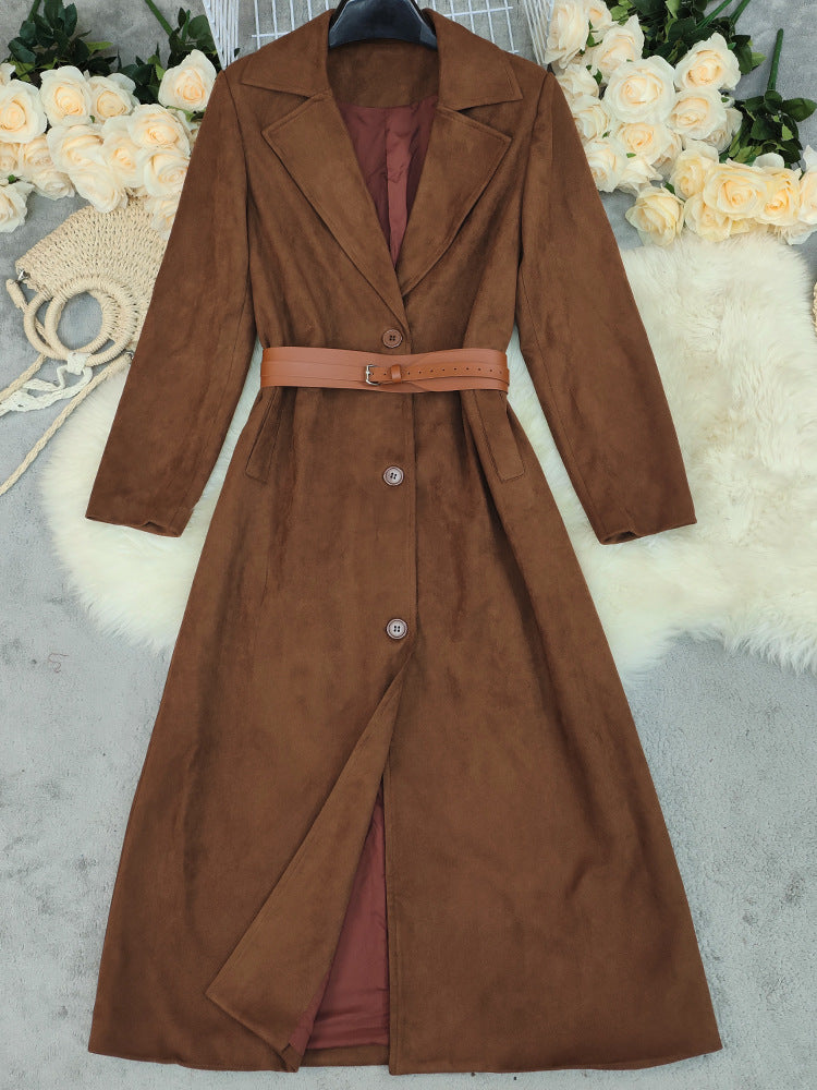Women’s Loose Brown Long Sleeve Overcoat – Single-Breasted Belted Outerwear with Pockets