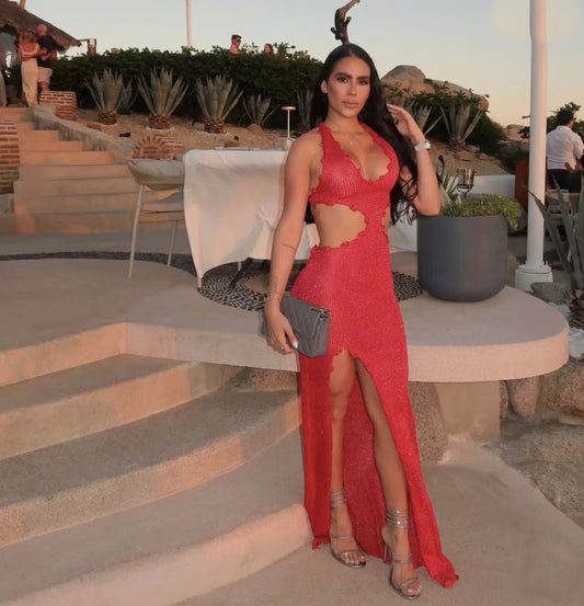 Boho Halter Maxi Dress - Deep V Backless Crochet Lace-Up Vacation Dress