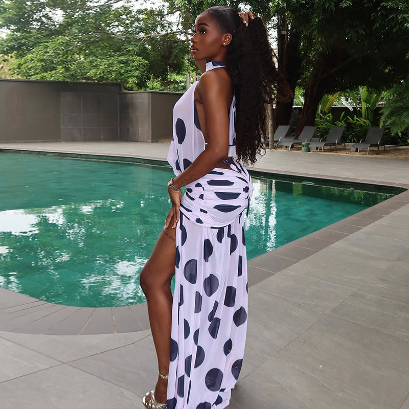 Women’s Polka Dot Backless Maxi Dress – Sleeveless Bodycon Split Dress with Ruched Tie Detail