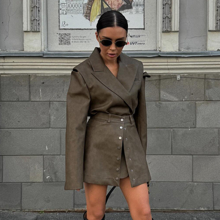 Retro Cutout Faux Leather Two-Piece Suit