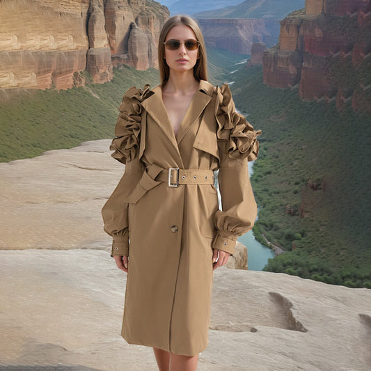 Women’s Elegant Long Sleeve Windbreaker Coat – Single-Breasted Slim Fit High-Grade Outerwear with Ruffle and Belt Detail