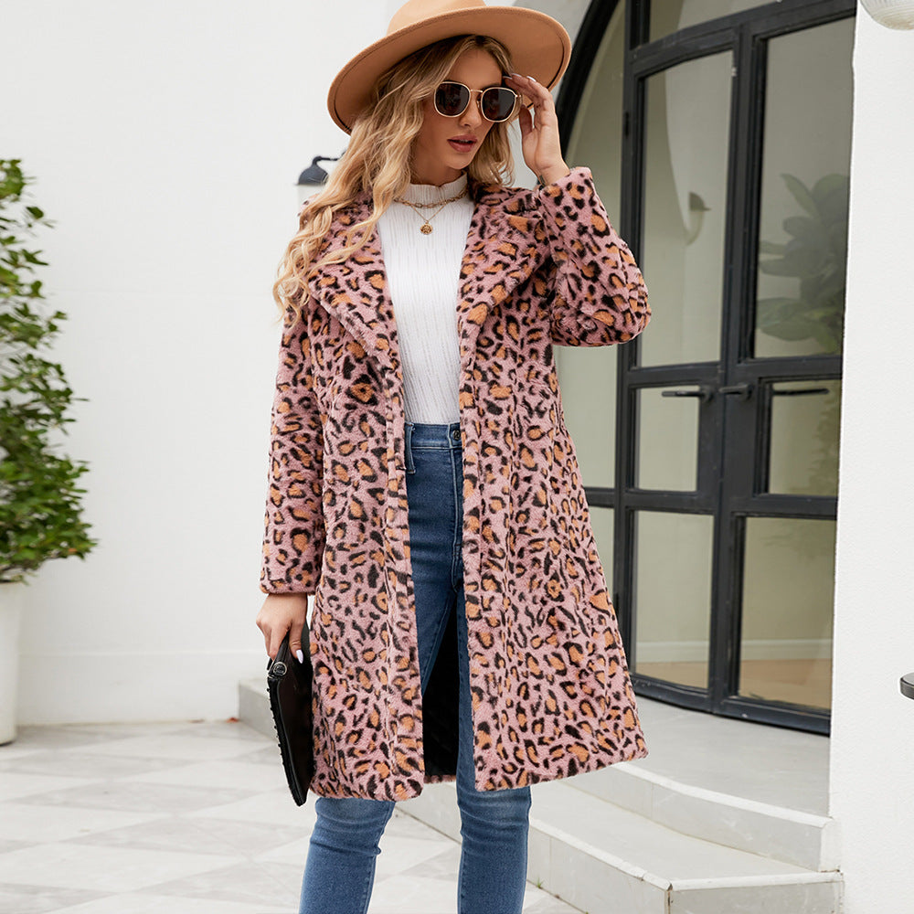 Casual Leopard Print Faux Fur Trench Coat: Square Collar Plush Longline Jacket