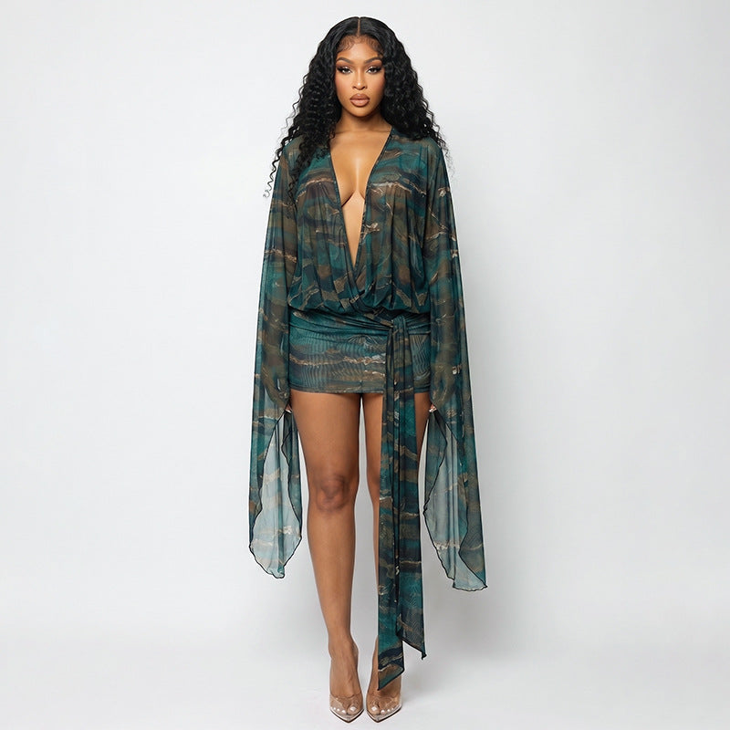 Deep V-Neck Printed Bodycon Mini Dress - Long Sleeve Backless Ruched Asymmetric Party Dress