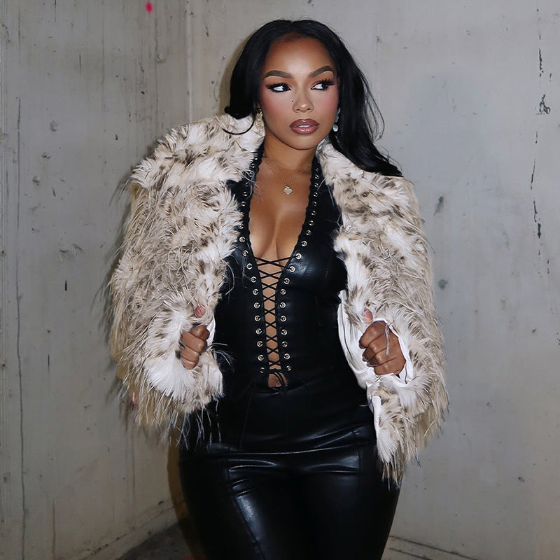 Women’s Leopard Print Faux Fur Collar Cardigan – Fall/Winter Casual Outerwear