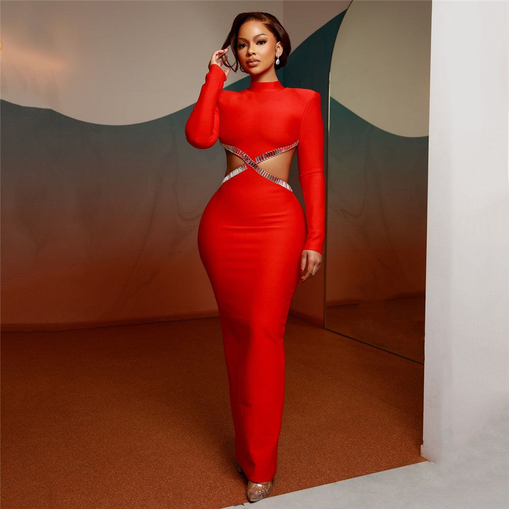Rhinestone Cutout Bandage Dress: Long Sleeve Hollow-Out Bodycon