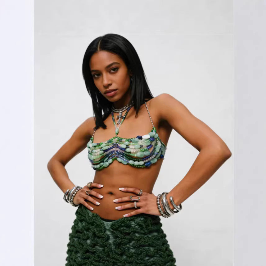 Turquoise Beaded Halter Crop Top - Chain Detail Color Block Festival Top