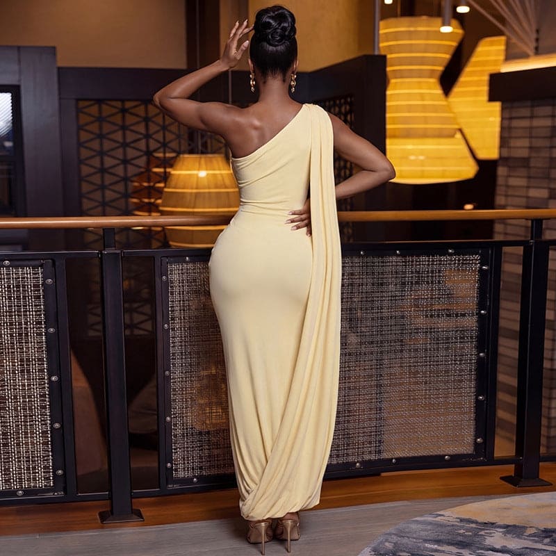 Women's One-Shoulder Ruched Maxi Dress – Asymmetric Sleeveless Bodycon Dress