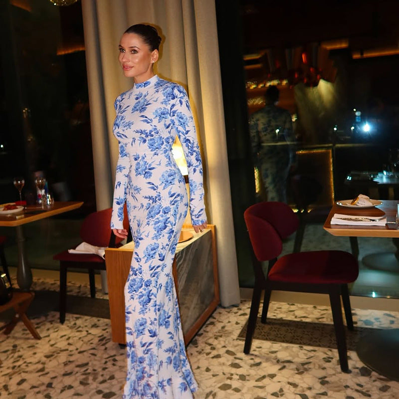 Blue & White Printed Fishtail Dress: Half Turtleneck Long Sleeve Maxi
