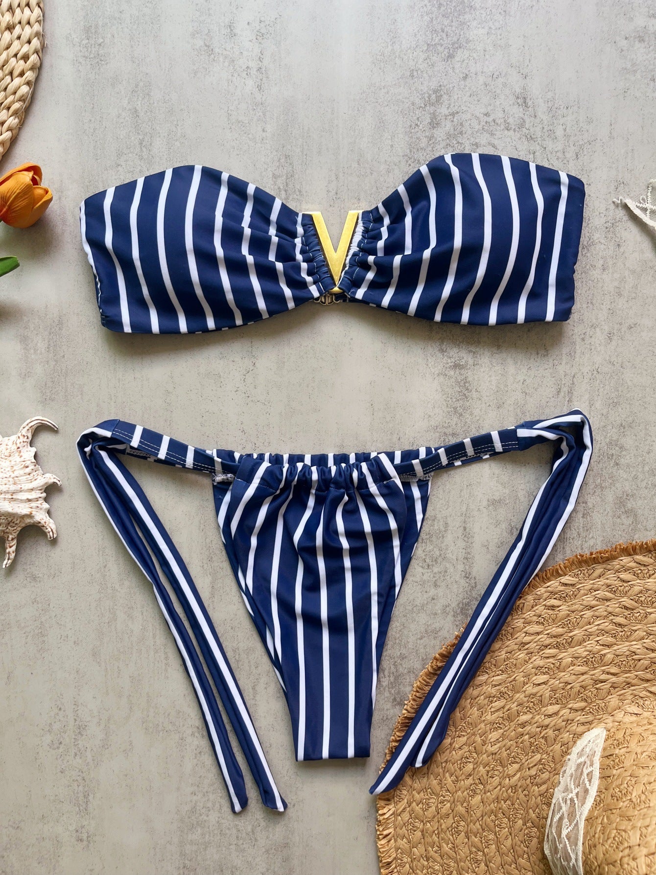 Striped Strapless Ruched Tie Bikini Set | Boho Beach Swimsuit | 3 Colors | Sizes S-L