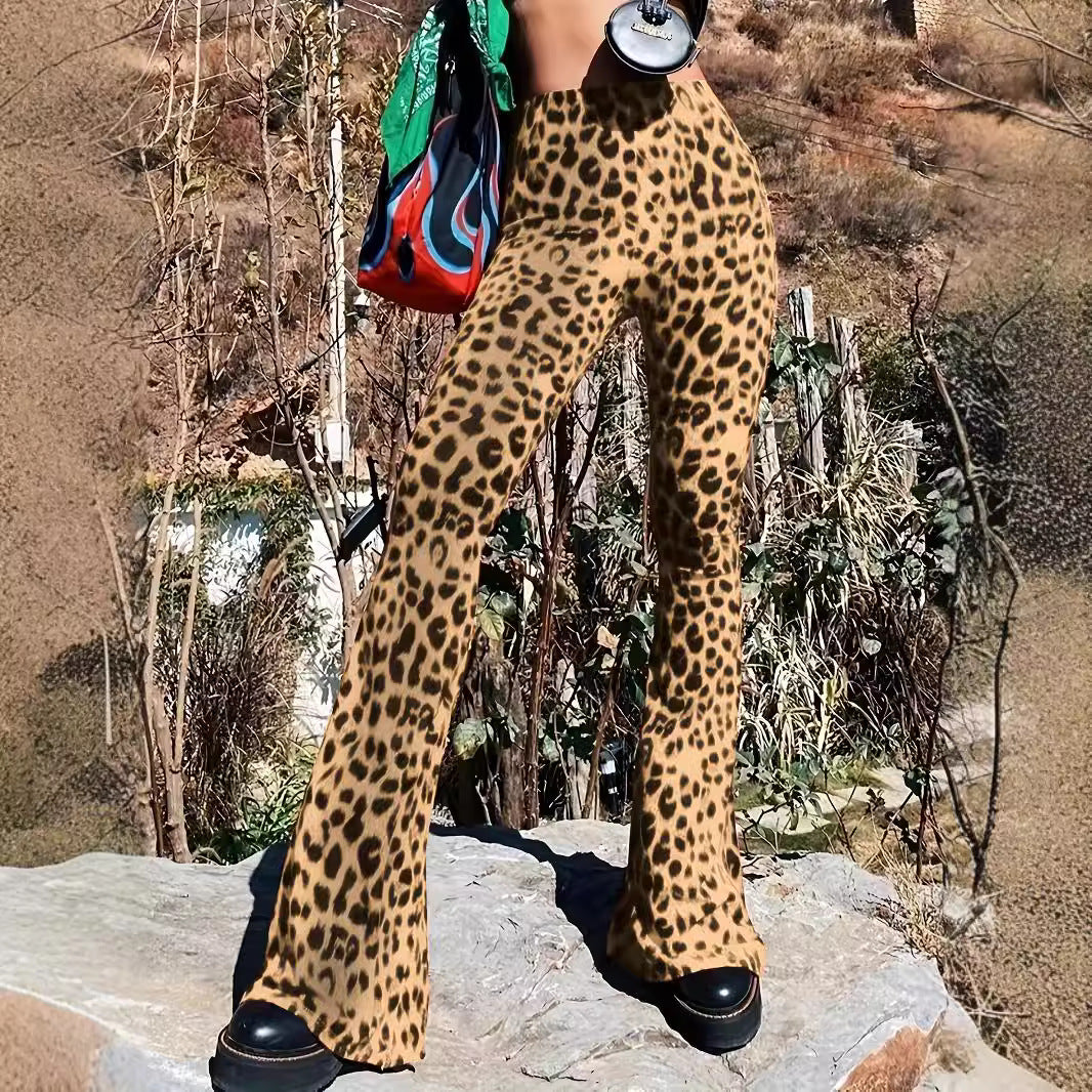 Leopard Print Bell Bottom Pants for Women: High-Waist Skinny Fit Flares