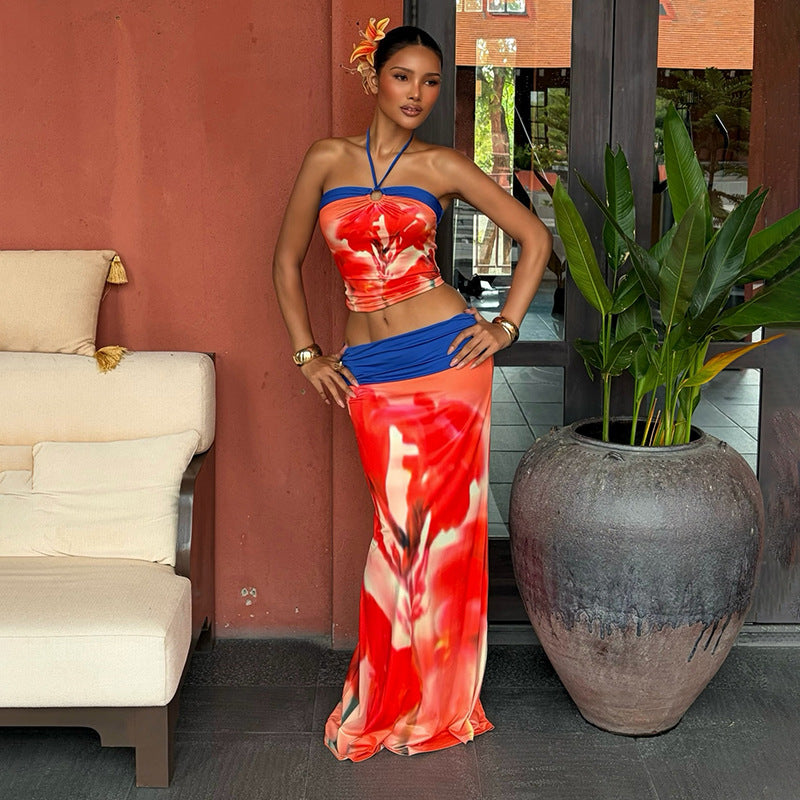 Red Floral Halter Crop Top & Maxi Skirt Set - Color Block Ring Tie 2-Piece Set