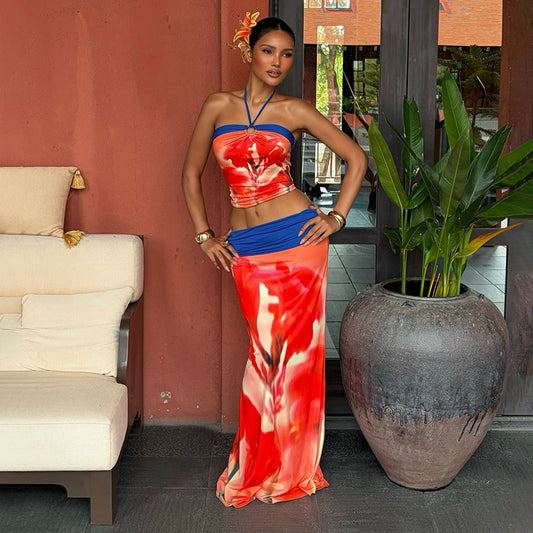 Red Floral Halter Crop Top & Maxi Skirt Set - Color Block Ring Tie 2-Piece Set