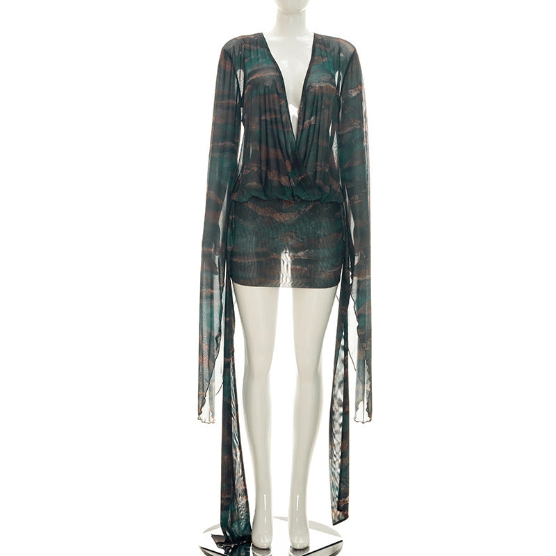 Deep V-Neck Printed Bodycon Mini Dress - Long Sleeve Backless Ruched Asymmetric Party Dress