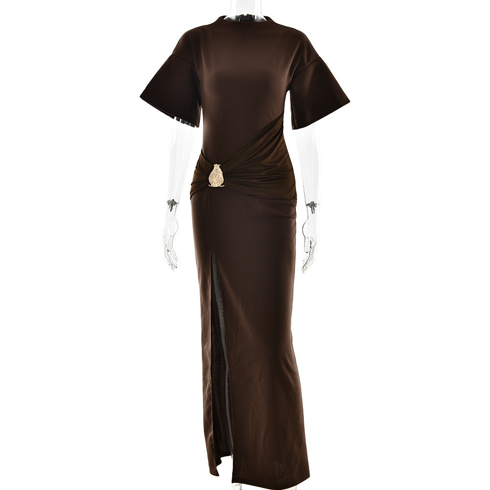 Pleated High Split Maxi Dress: Round Neck Bodycon Slim Fit for Women