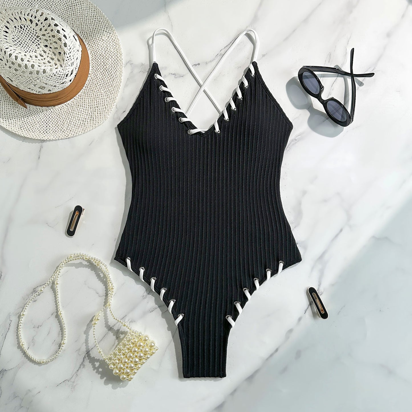 Striped Tie-Back Backless Cutout One-Piece Swimsuit - Sling Boho Vacation Swimwear