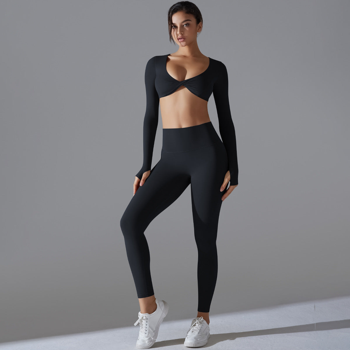 Women's Push-Up Long Sleeve Yoga Set – Twisted Detail Sports Bra & High Waist Leggings