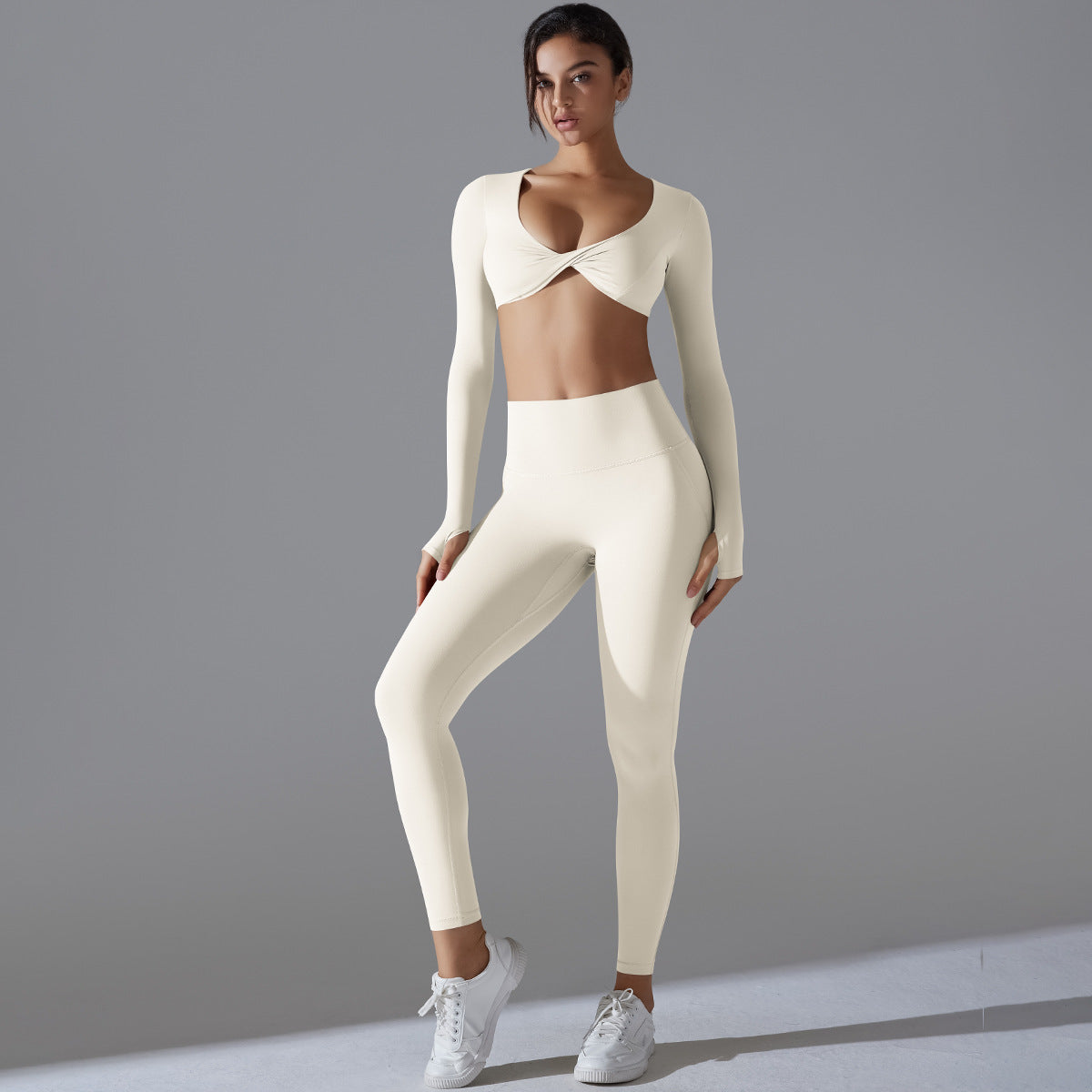 Women's Push-Up Long Sleeve Yoga Set – Twisted Detail Sports Bra & High Waist Leggings